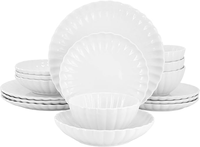 Elama Jane 16 Piece Scalloped Double Bowl Porcelain White Dinnerware Set Serveware Tableware Bowls Plate Set (Jane)