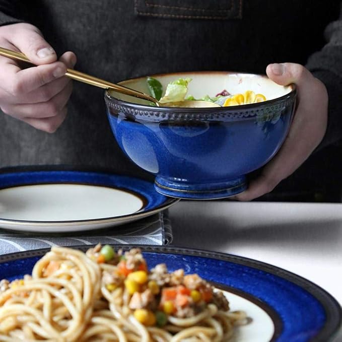 4 Pieces Vintage Blue Porcelain Dinner Set Ceramic Plate Bowl Cup Service for 1 Person