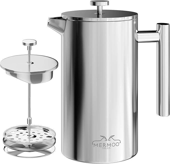 MERMOO YILAN French Press 34oz Insulated Stainless Steel Coffee Maker Unbreakable Coffee Press Easy to Clean for Home Camping Travel (Silver)