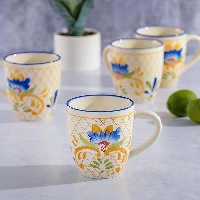 12-Piece Round Stoneware Dinnerware Set – Hand-Painted Plates and Bowls with Tile Design Microwave &amp Dishwasher Safe – Colorful Ceramic Dishes for 4 (Blue)