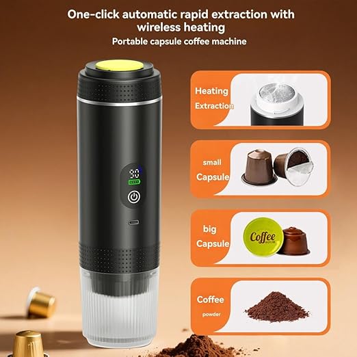 Aboiled Portable Digital Capsule Coffee Maker - Espresso Machine Car &amp Home - Large Capacity High-Pressure Extraction Real-Time Temperature Control