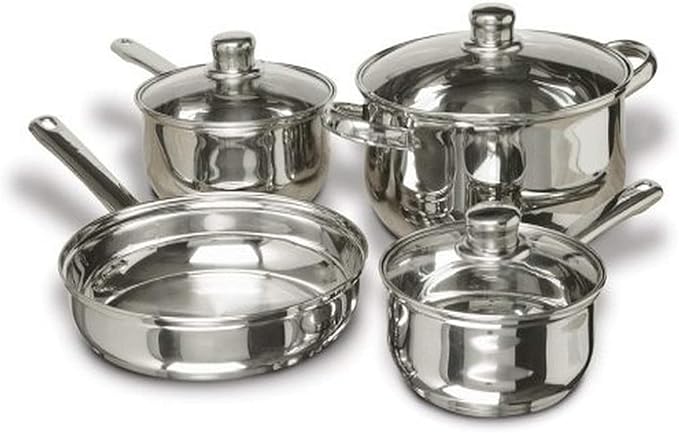 7-Piece Stainless Steel Cookware Set – Mirror Polished Pots and Pans with Dutch Oven Saucepans Frying Pan &amp Vented Glass Lids Heat Resistant Handles Aluminum Base for Even Heating