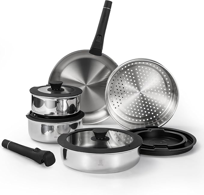 ROYDX16 PCS Pots and Pans Set18/10 Stainless Steel Cookware Set with Adjustable Detachable Handles for RVhome Dishwasher Safe and Oven Safe