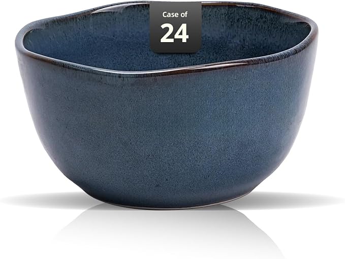 Organic Shape Highland Ceramic Cereal Bowl 24pcs 5.5 Inch Handmade Reactive Glaze Stoneware Rice bowl with Wavy Edge for Kitchen Microwave &amp Dishwasher Safe Scratch Resistant-Blue