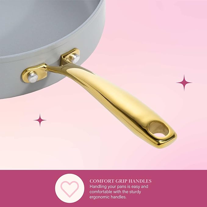 Paris Hilton Iconic Nonstick Pots and Pans Set Multi-layer Nonstick Coating Matching Lids With Gold Handles Made without PFOA Dishwasher Safe Cookware Set 10-Piece Light Gray