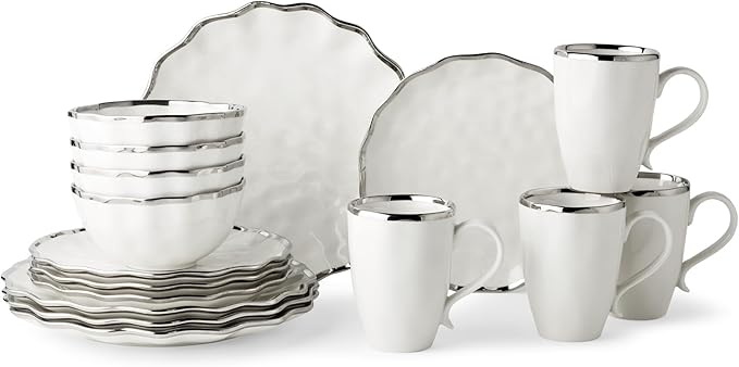 Regency Silver 16-Piece Porcelain Dinnerware Set – Elegant Silver-Trimmed Plates Bowls &amp Mugs – Service for 4 – Durable Dishwasher-Safe Tableware for Everyday Dining &amp Special Occasions