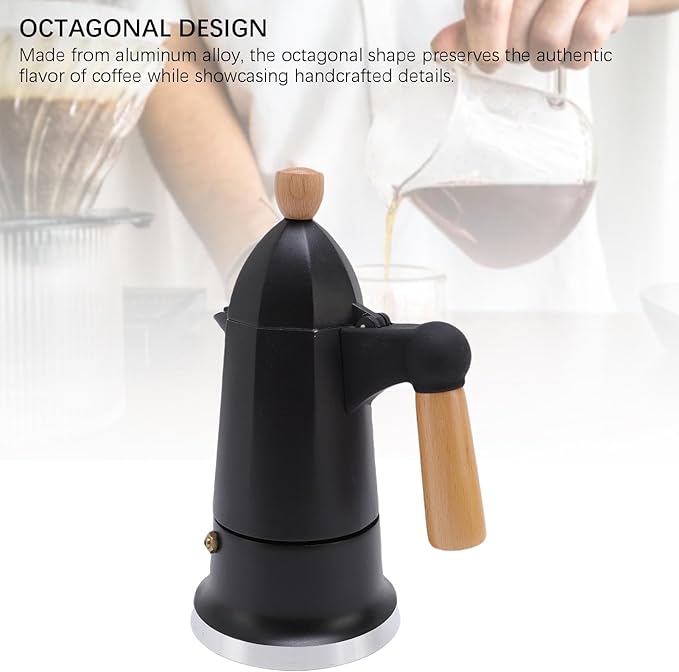 SIXRUN Aluminum Alloy Octagonal Percolator Coffee Pot Maker with Safety Valve and Beech Wood Handle (Black)