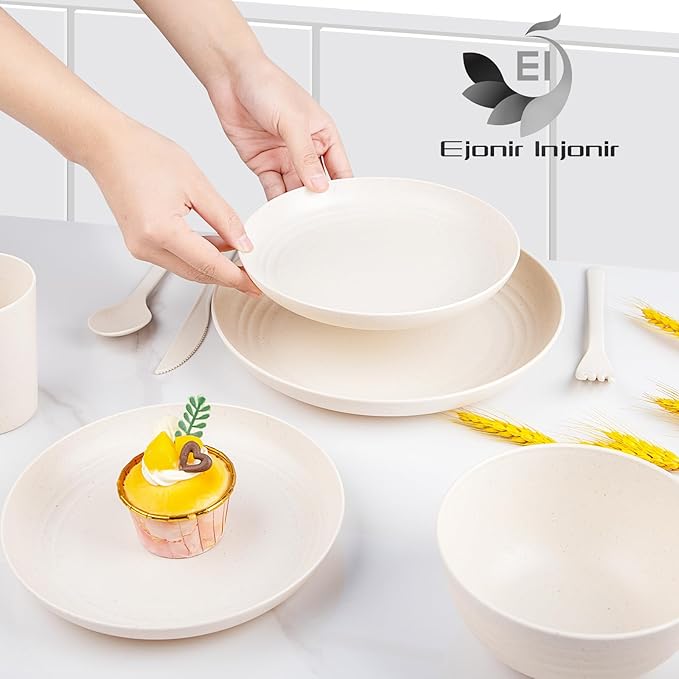 EI 42pcs Wheat Straw Dinnerware SetPlates and Bowls SetsReuasble PlateUnbreakable Dinner Plate for 6Microwave Dishwasher SafeCollege Dorm Room Essentials Dishes Sets-BowlsPlatesCupsCutlery