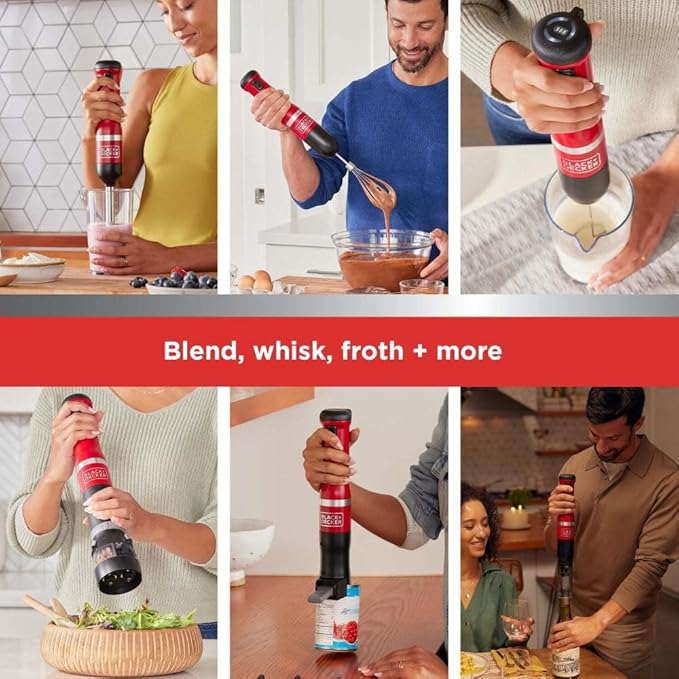 BLACK+DECKER Kitchen Wand Cordless Immersion Blender 6 in 1 Multi Tool Set Hand Blender with Charging Dock Red (BCKM1016KS06)