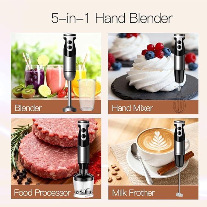 MegaWise Blender Handheld 12-Speed Stainless Steel Electric Hand Blender 5 in 1 Immersion Handheld BlenderTitanium Blades Hand Blender Milk Frother Wandwith 600ml Whisk Beaker and Chopper (black)