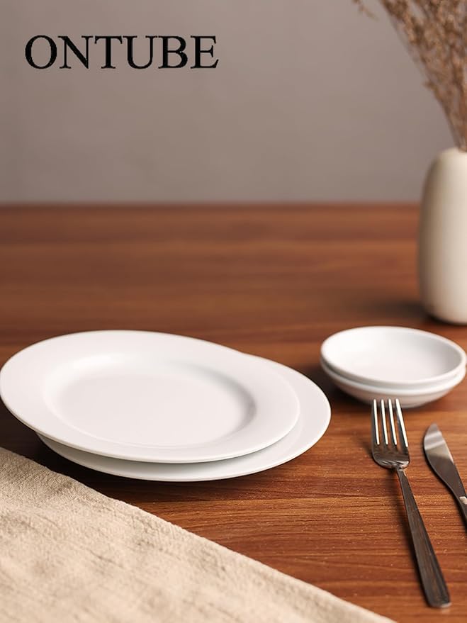 ONTUBE 4-Piece Plates and Dishes Set Ceramic Dinnerware SetDishwasher &amp Microwave Safe White