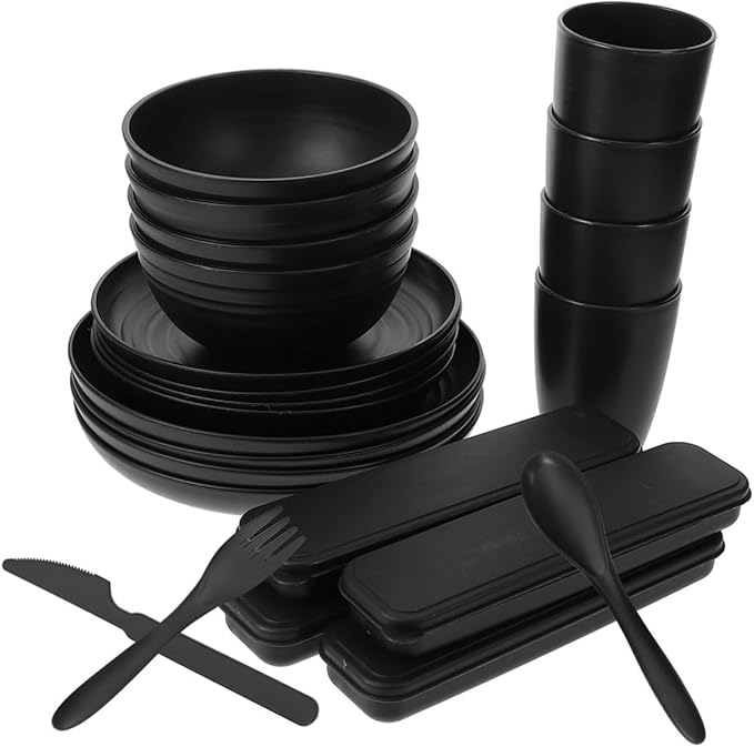 20pcs Black Dinnerware Set for 4 Persons Includes Cutlery Bowls Plates Cups Portable Food Bowl and Picnic Camping Utensils for Travel and Outdoor Use