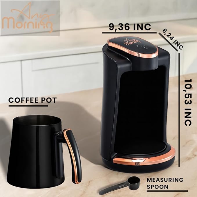 Any Morning Turkish &amp Greek Coffee Maker-Machine 1 to 4 Cups Capacity 100% BPA Free 400W Electric Coffee Pot with Cook Sense Technology Anti-Spill Design Authentic Foamy Brew Black