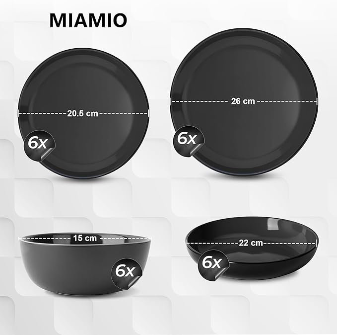 MIAMIO – Service for 6 Dishware Set/Stoneware Dinnerware Set – Including Plates Soup Plates and Bowls – Microwave &amp Dishwasher Safe – Le PaPillon Collection (Black 24-Pieces)