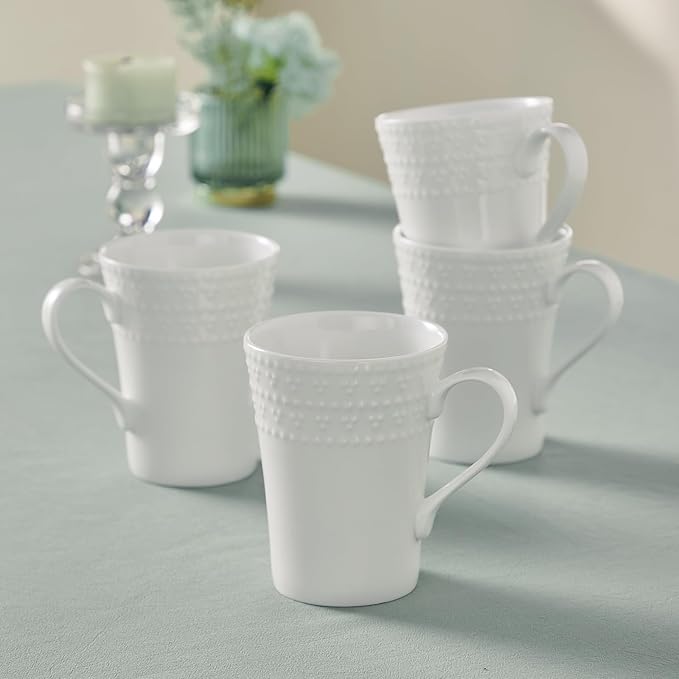 16Piece Bone China Dinnerware Set with Elegant Dotted Relief Design Embossed Plates Bowls mugs Chip-Resistant Lightweight Elegant and Durable Service for 4 White