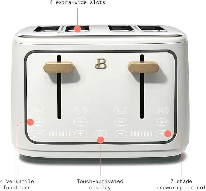 4 Slice Toaster with Touch Control Panel 1800W Fast Heating 7 Toast Shade Levels Extra Wide Slots for Bagels Removable Crumb Tray (White Icing)