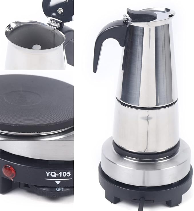 Commercial Stainless Steel Espresso Maker Coffee Urn with Electric Stove 6 Cups Stainless Steel Mocha Coffee Maker Pot Percolator Hot Beverage Dispenser for Party Home Wedding Cafe (6Cups 300ml)