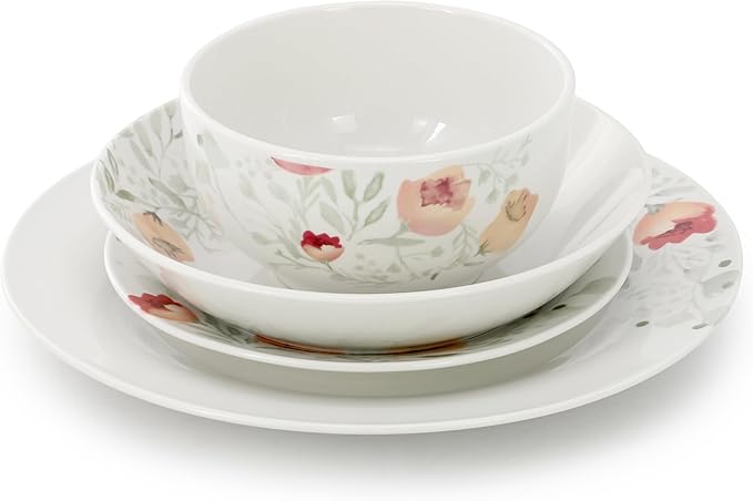 Elama Poppy 16 Piece Porcelain Double Bowl Dinnerware Set Service for 4