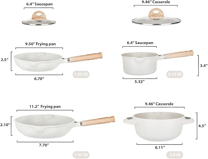 6Pcs Pots and Pans set Die-cast aluminum cookware Kitchen Induction Pots and Pans cooking set PFOA-free GenX-free Oven-safe casserole Frying pans Cream (6-Piece)