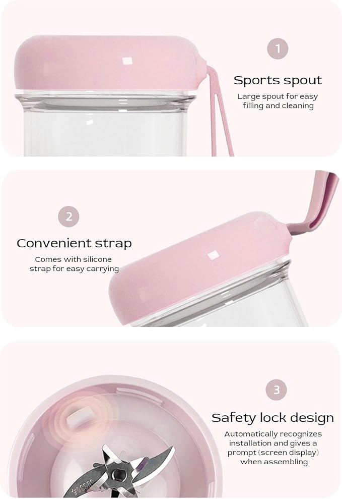 Asixxsix Portable Blender USB Rechargeable Cordless Personal Blender for Shakes and 500ml Travel Juicer Cup with 16 Stainless Steel Blades ABS Material
