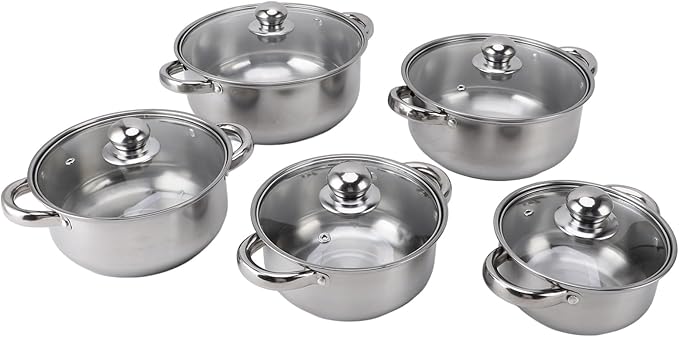 5 Piece Stainless Steel Cookware Set Elegant Kitchen Pots with Glass Lids Multipurpose Stockpots and Saucepans Heat Handles Dishwasher Safe Ideal for Cooking and G