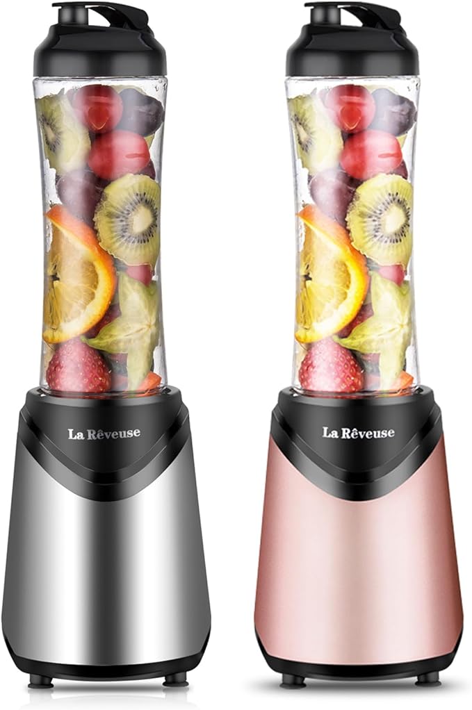 La Reveuse Smoothies Blender Personal Size 300 Watts with 18 oz BPA-Free Portable Travel Sports Bottle(Silver+Pink)