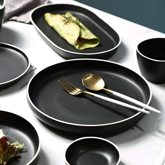 Dinner SetCeramics Dinner Sets 48 Pieces Porcelain Dinnerware Combination Set | Black Matte Steak Plates and Cereals Bowls Sets for Special Restaurant