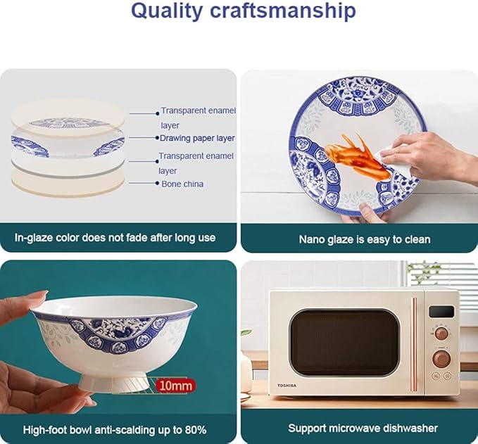 Creativity Ceramic Dinner Plate Sets 58 Piece Dinnerware Set Service for 6-8 Blue and White Pattern Bone China Bowls and Dish Set
