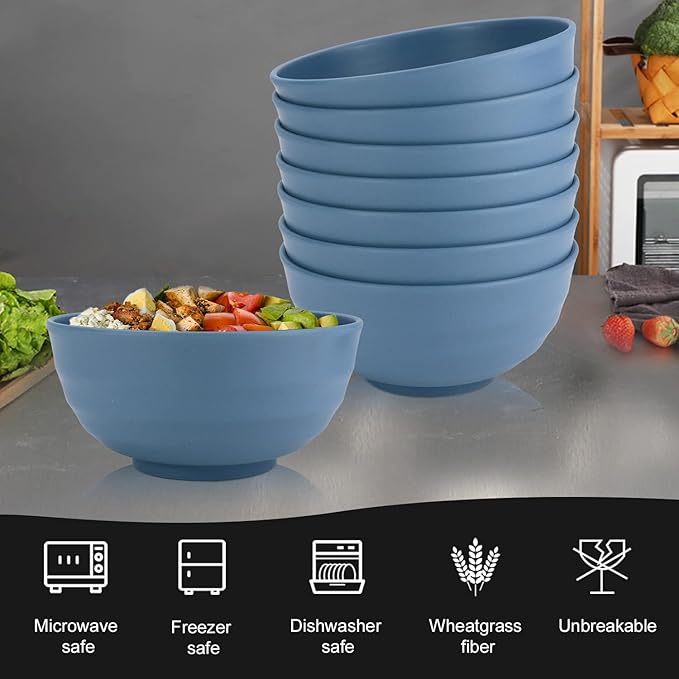 Homienly Plates and Bowls Sets of 8-24PCS Wheat Straw Dinnerware Set Serving Bowls Dinner Plate Microwave safe Cups for Kitchen (Blue)