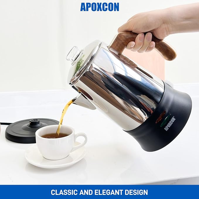 Electric Coffee Percolator Stainless Steel Coffee Maker with Tough Glass Clear Brew Progress Knob &amp On/OFF Switch Keep Warm Cordless Serve for Home and Hotel Room Use Gift Box Packaging 6 Cup