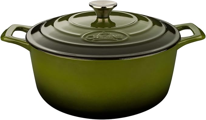 La Cuisine Piece Enameled Cast Iron 5 pc Set Pro Range 3.75QT Saute 6.5QT Round w/lid 10 Fry Pan-Green Olive (LC2650MB)