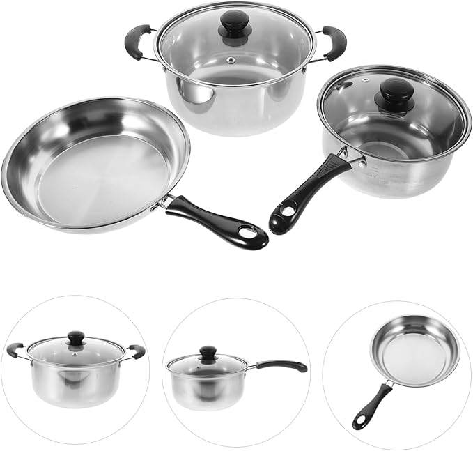 STOBAZA 1Set Stainless Steel Cookware Set Multifunctional Flat Bottom Frying Pan Soup Pot and Milk Pot for Induction Cooking for Noodles and Porridge Preparation Kitchen