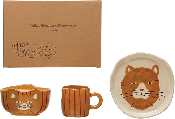 Creative Co-Op Child's Stoneware Dinnerware with Painted Cats Boxed Set of 3 Pieces Plate Set Multi