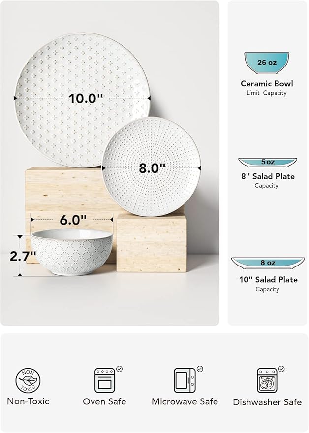LE TAUCI Dinnerware Sets 12 PCS Ceramic Plates and Bowls Set Suit For Housewarming (10 Dinner Plate + 8 Salad Dish + 26 oz Cereal Bowl) x 4 Oven safe - Arctic White