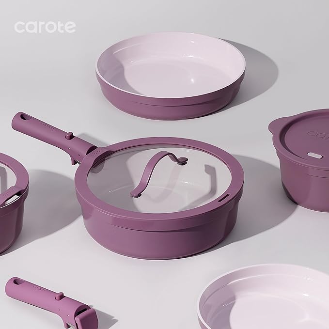 CAROTE Ceramic Cookware SetPots and Pans set Non StickInduction Cookware Set with Removable HandleRV Kitchen Cooking SetNon-toxic Kitchen Cooking Set PFAS and PFOA FreePurple