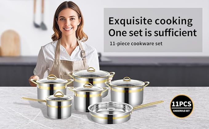 11-Piece Stainless Steel Pots and Pans SetPremium Stainless Steel Cookware - Induction Safe Non-Toxic Kitchen Cookware Set with Gold Stay Cool Handles Compatible with All Cooktops