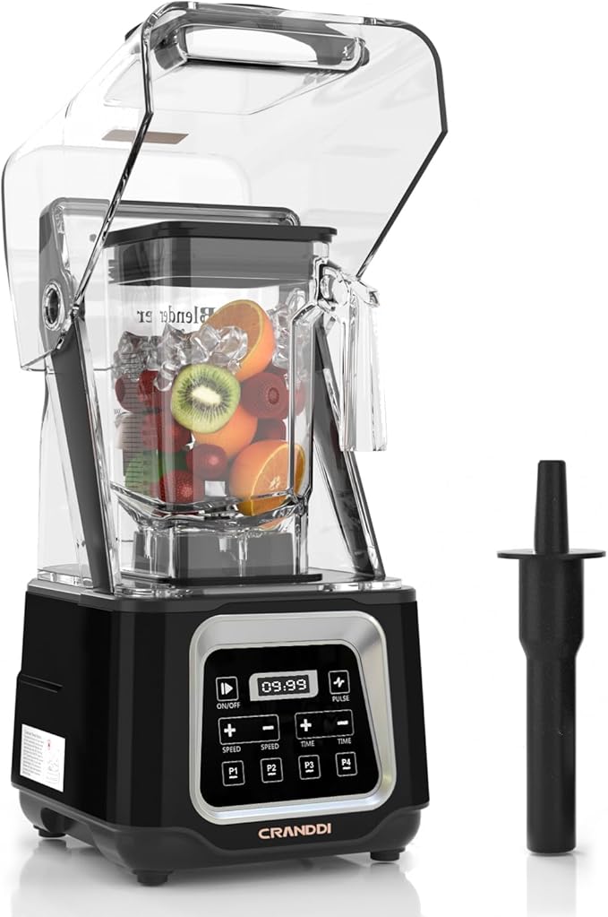 CRANDDI Commercial Smart Smoothie Blender - 2200W High-Power Professional Blenders for Smoothies &amp More 4 Pre-Set Programs Quiet Blender with Removable Shield 52oz Jar 120V K80TS (Black)