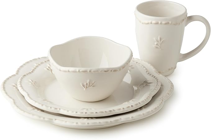 Heritage Beads 16pc Stoneware Dinnerware Set – Classic Cream White Plates Bowls &amp Mugs with Raised Bead Accents – Elegant Vintage-Inspired Tableware Service for 4 Dishwasher Safe
