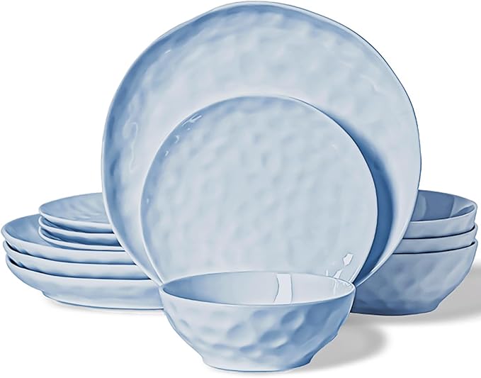 HOMBENE Plates and Bowls Sets Dinnerware Set 12 Piece Service Porcelain Dinnerware for 4 for Dessert Salad and Pasta Celestial Blue Dishes