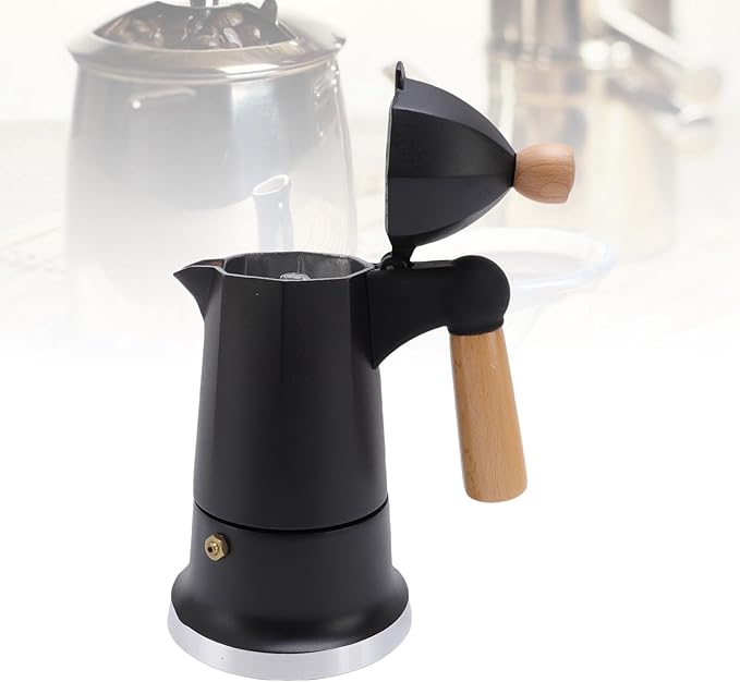 SIXRUN Aluminum Alloy Octagonal Percolator Coffee Pot Maker with Safety Valve and Beech Wood Handle (Black)