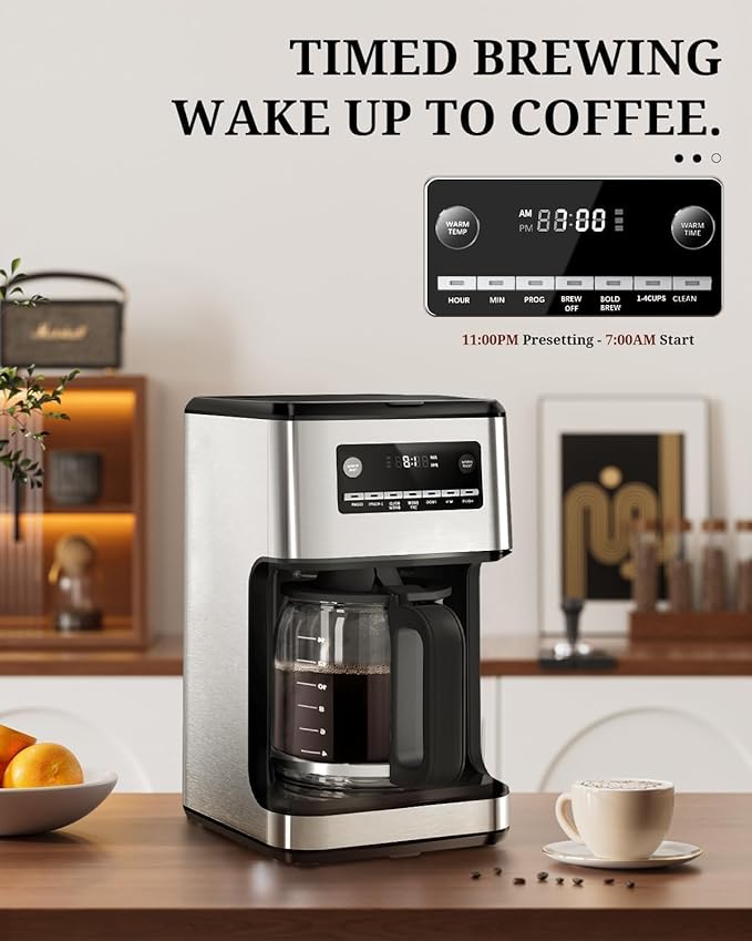 Kismile Coffee Maker 14-Cup Programmable Drip Coffee Makers Machines with Timer Keep Hot Plate &amp Reusable Filter Self-Cleaning Auto Pause Stainless Steel