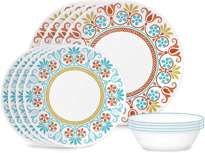 Corelle Global Collection Vitrelle 12-Piece Dinnerware Set Triple Layer Recycled Glass Lightweight Eco-Friendly Round Plates and Bowls Set Terracotta Dreams