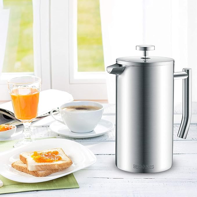 Belwares French Press Coffee Maker 50 oz - Large 304 Stainless Steel Double Wall Insulated Thermal Coffee Press for Home Kitchen 4-Level Filtration with Extra Screens Dishwasher Safe 1.5L Silver