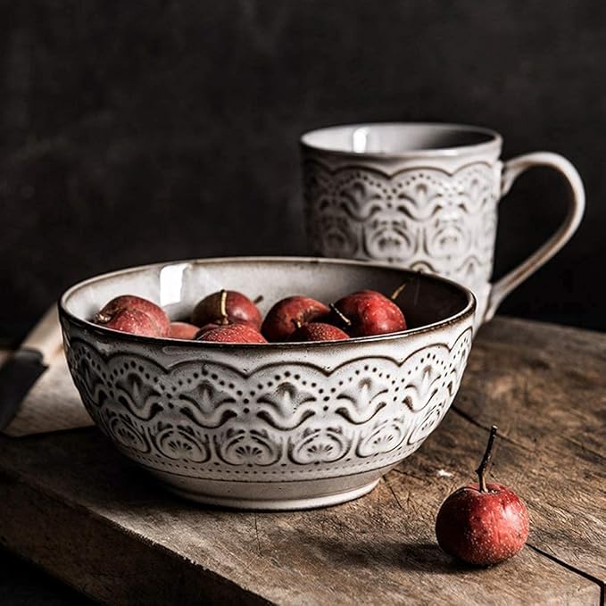 Dinnerware Sets - Luxury Gift Dishes Service Set 24 Pieces Retro Style Porcelain Dinnerware Set | Relief Cereals Bowl &amp Mug &amp Plate for Wedding Gifts and Family Gathering