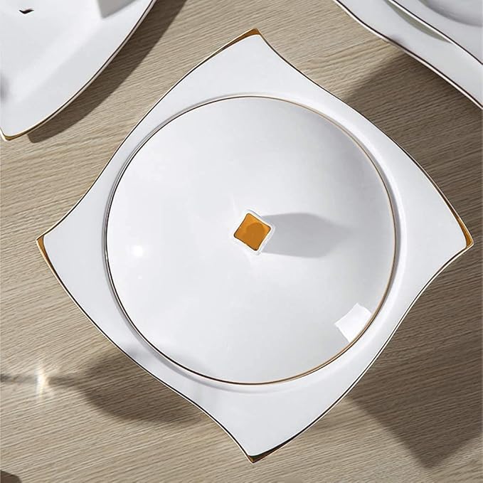 Ceramics Dinnerware Set with 48-PieceBowl/Dish/Soup Pot/Spoon|Bone China Dinner SetsGold Stroke Pattern Porcelain Combination Set