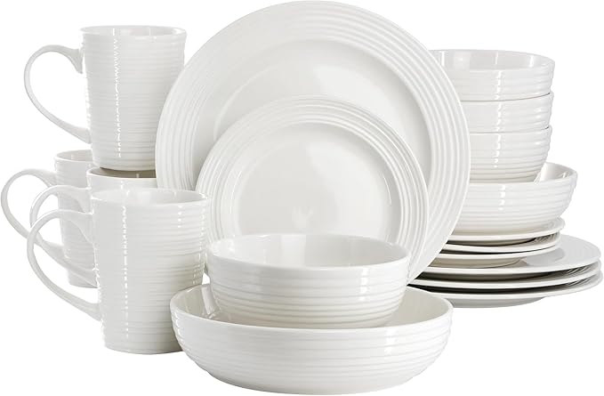 18 Piece Ribbed White Porcelain Dinnerware and Serving Bowl Set – Dishwasher &amp Microwave Safe Service for 6