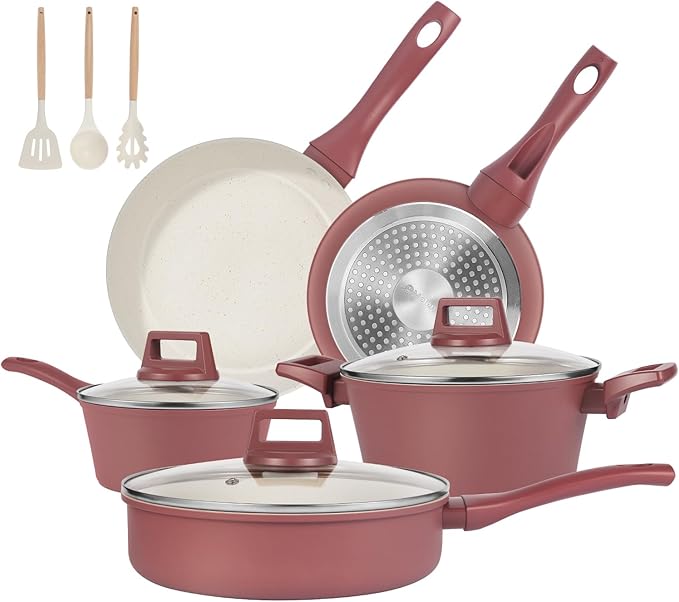 Pots and Pans Set Non Stick 11-Piece Nonstick Induction Cookware Set Non-Toxic Kitchen Cooking Set with Frying Pans Saucepan Stock Pot PFOA Free Red Brown