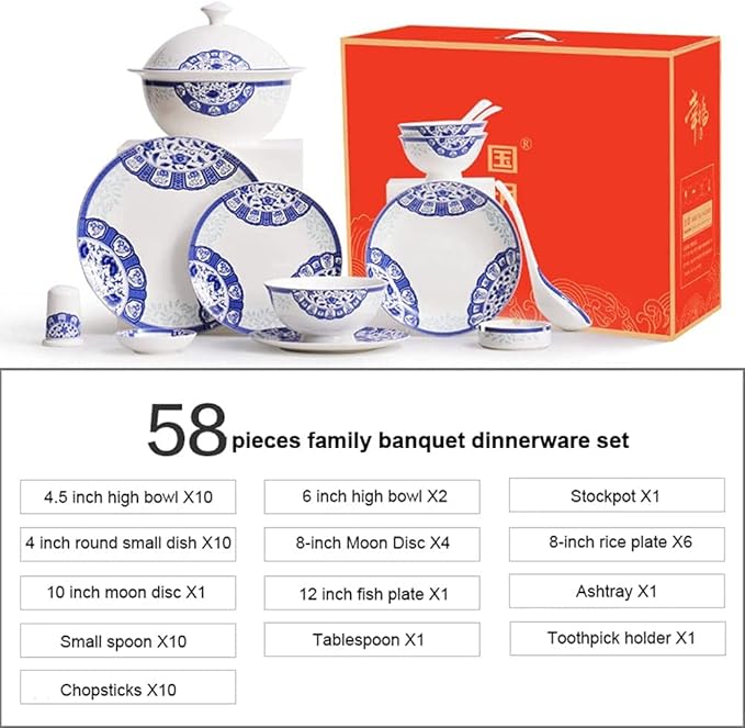 Creativity Ceramic Dinner Plate Sets 58 Piece Dinnerware Set Service for 6-8 Blue and White Pattern Bone China Bowls and Dish Set