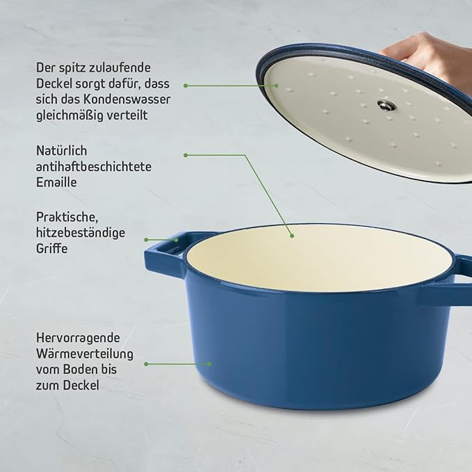 by Brandt Cast Steel Casserole Dish Round Individual 28 cm Capacity 6.8 L Cast Iron Lid with Stainless Steel Knob Suitable for Induction Oven Safe Blue