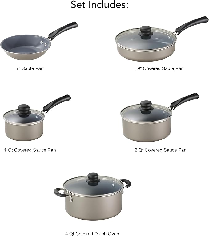 9-Piece Champagne Ceramic Non-Stick Pots and Pans Set Includes Skillets &amp Saucepans &amp Dutch Oven Stackable Cookware Set for All Stovetops